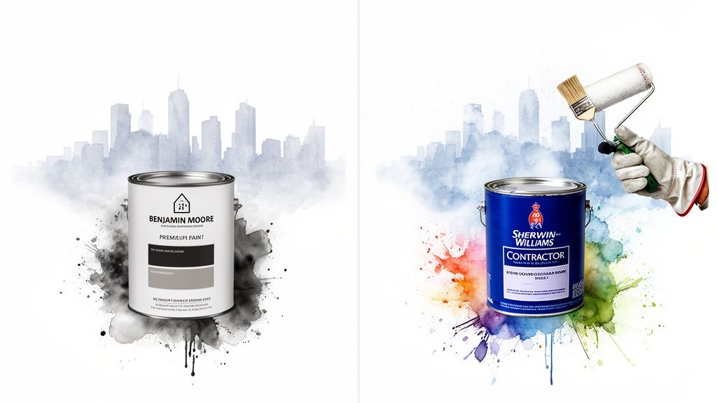 Two paint cans, Benjamin Moore and Sherwin-Williams, with painting tools and city skyline backgrounds.