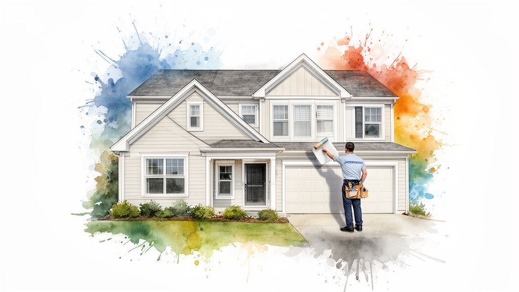 Soca Services painter applying fresh paint to a modern two-story house exterior.