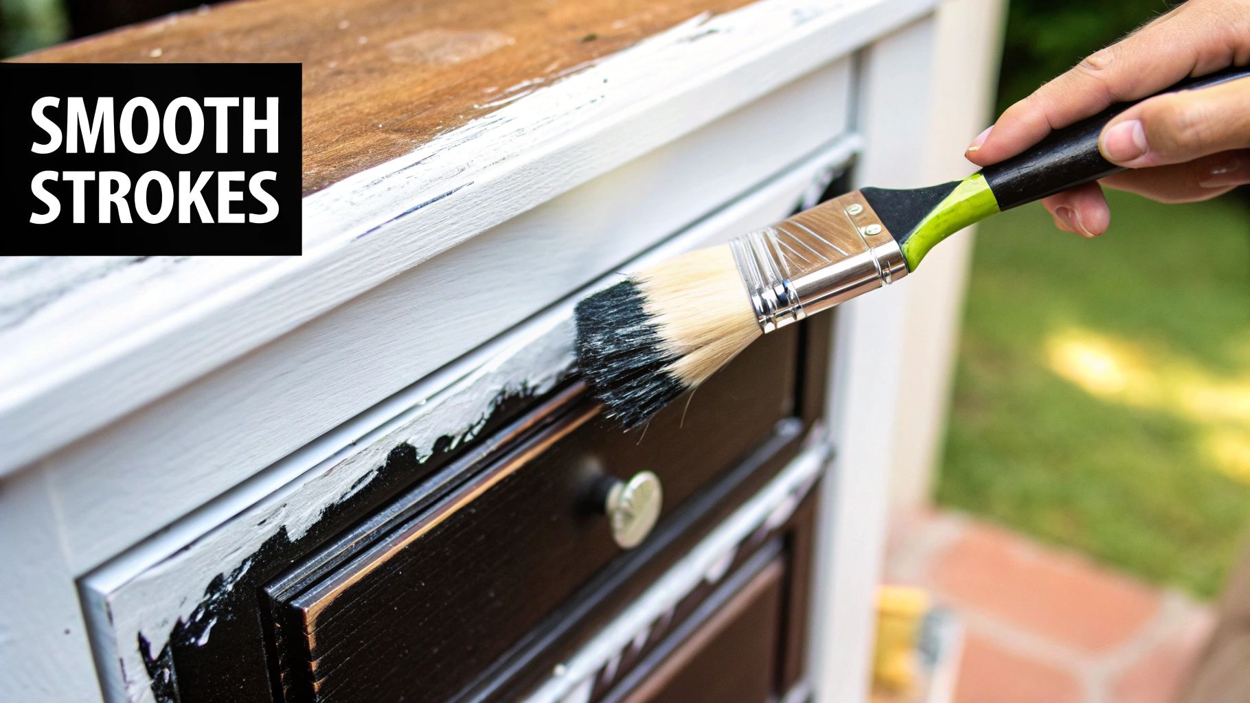 A person applying a clear protective topcoat to a freshly painted white dresser with a brush.