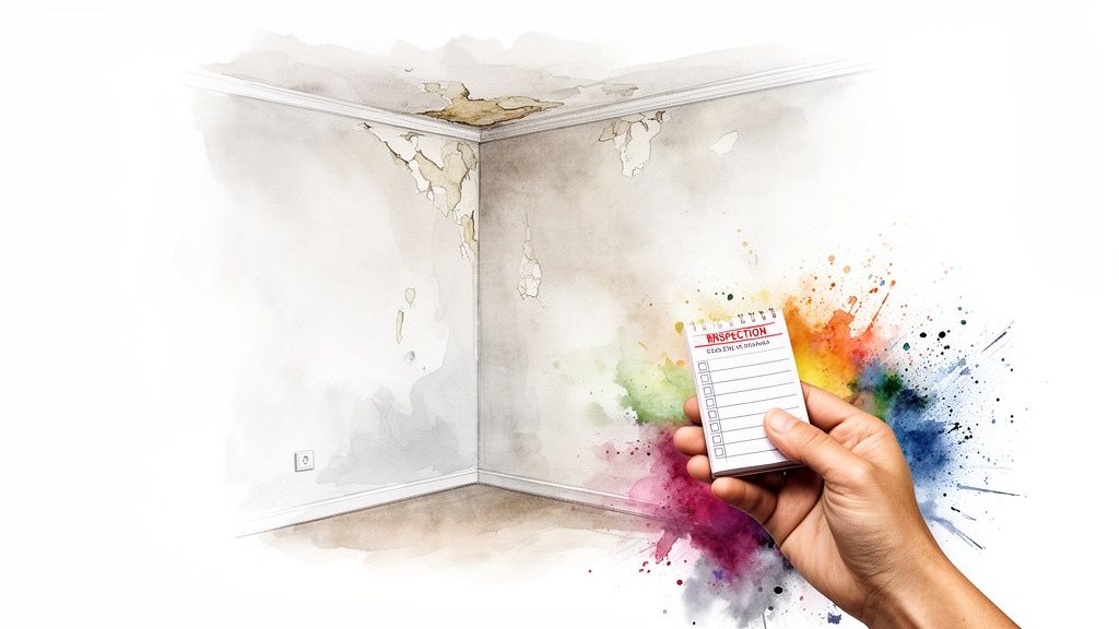 Soca Services inspecting peeling paint on a wall for a rental property inspection checklist.
