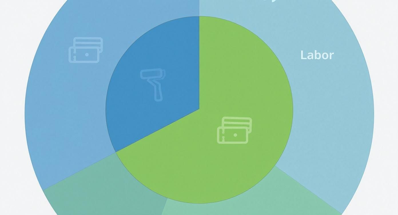 A pie chart illustrates the breakdown of painting project costs, including labor, materials, and other categories.