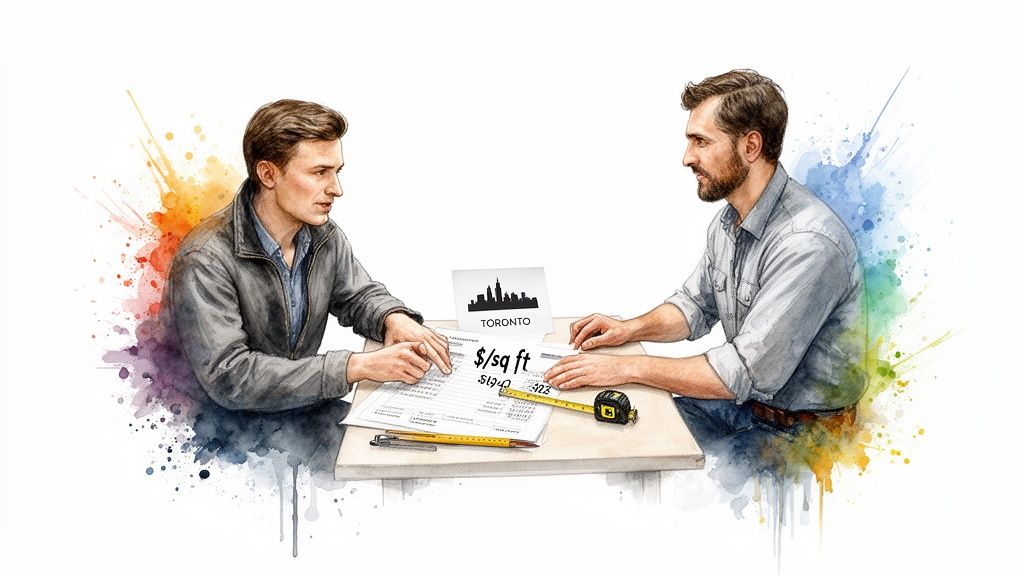Two men discuss construction or real estate costs per square foot in Toronto.