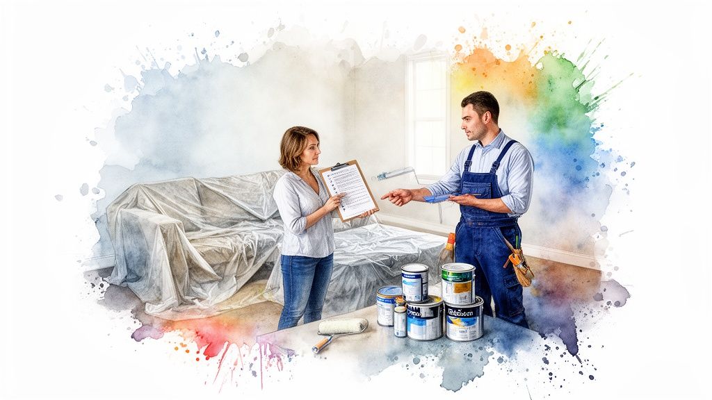 A woman discusses a checklist with a painter surrounded by paint supplies and a covered sofa.