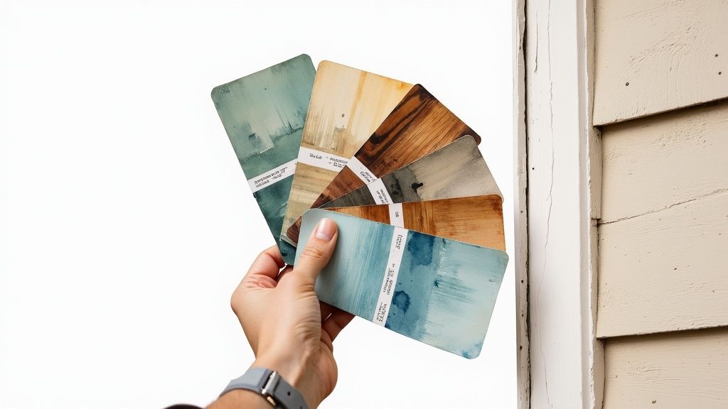 A hand holds a fan of various paint swatches against a cream-colored house exterior, a service provided by Soca Services.
