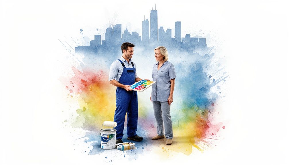 A male painter shows a color palette to a female client, with a watercolor cityscape and splashes. Soca Services helping a client choose paint colors.