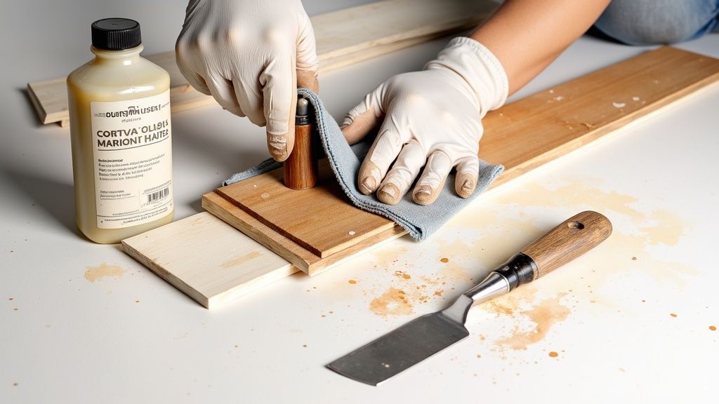 A person sanding a wood-paneled wall with a sanding block.
