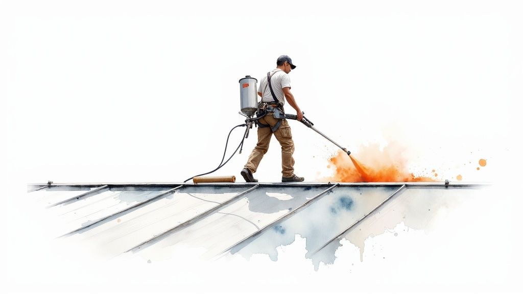 A Soca Services professional applies an orange protective coating to a steel roof with a backpack sprayer.