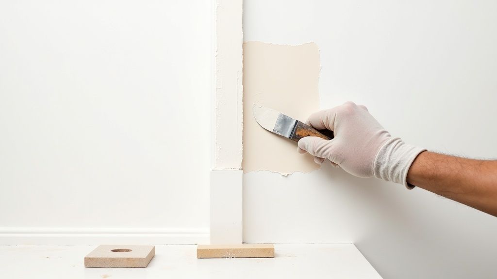 A gloved hand uses a putty knife to apply white spackle to a wall during repair.