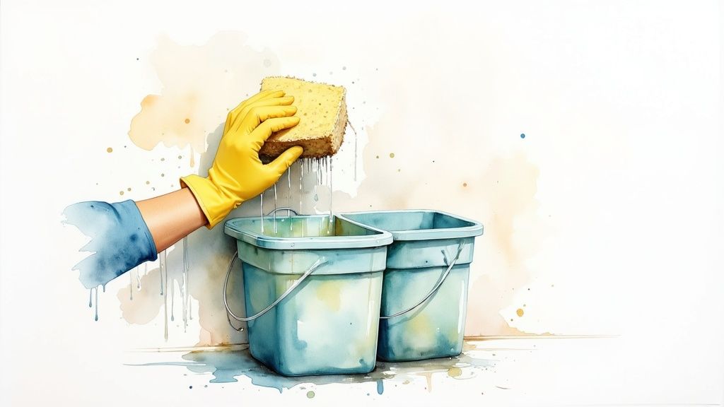 A professional painter methodically washing a wall from the bottom up.