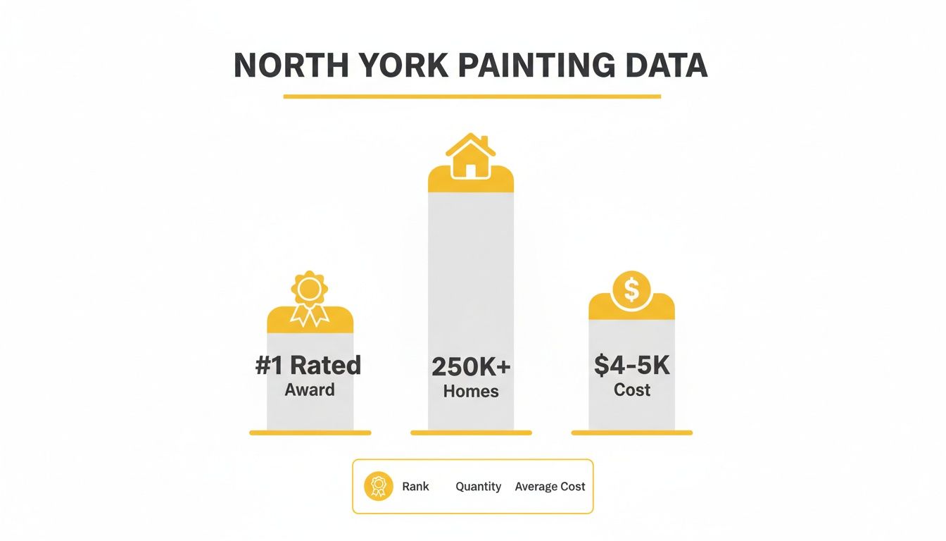 Infographic showing North York painting data: #1 rated award, 250K+ homes painted, and average cost of $4-5K.