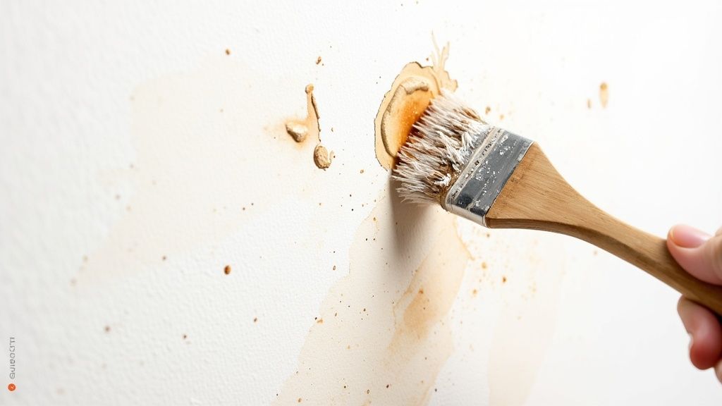 A person using a sponge to clean a stubborn stain off a white wall.