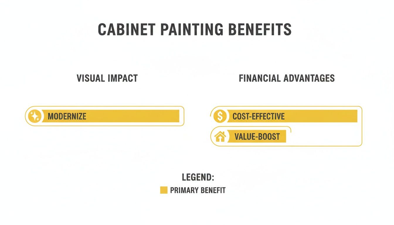 Soca Services infographic illustrating cabinet painting benefits including visual impact and financial advantages.