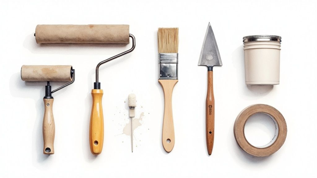 A collection of painting tools and materials, including rollers, brushes, and paint trays.