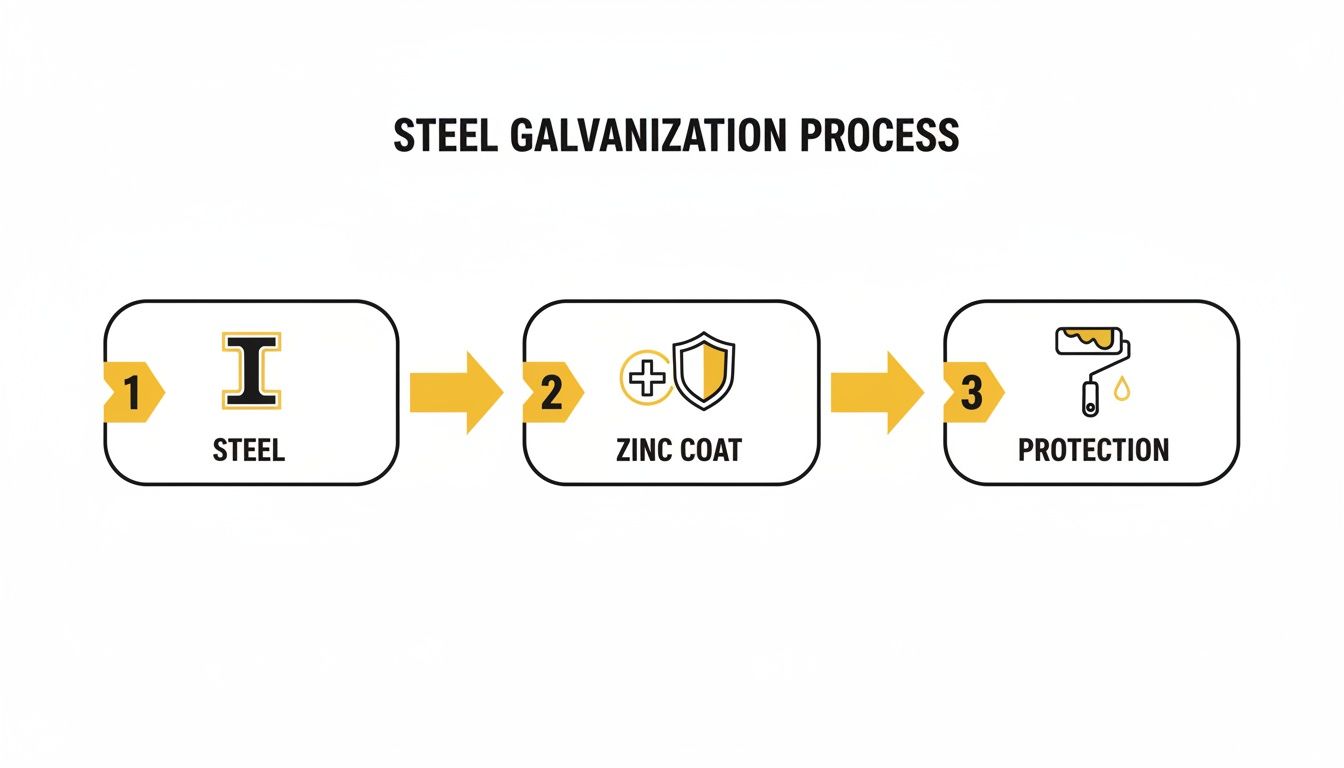 A three-step infographic illustrating the steel galvanization process: steel, zinc coat, and protection. Alt text: Soca Services infographic showing the three-step galvanization process for steel.