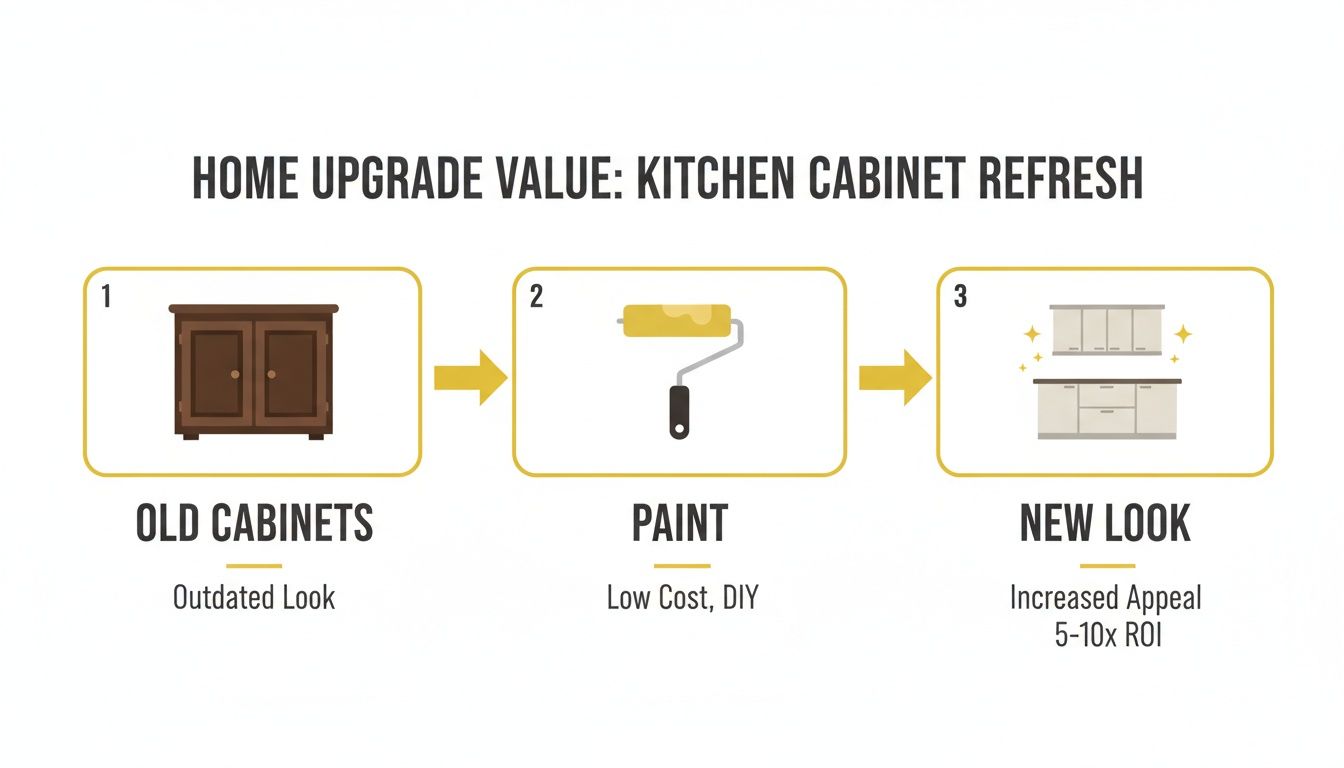 Soca Services visual guide illustrating how painting outdated kitchen cabinets can lead to a refreshed, appealing new look.