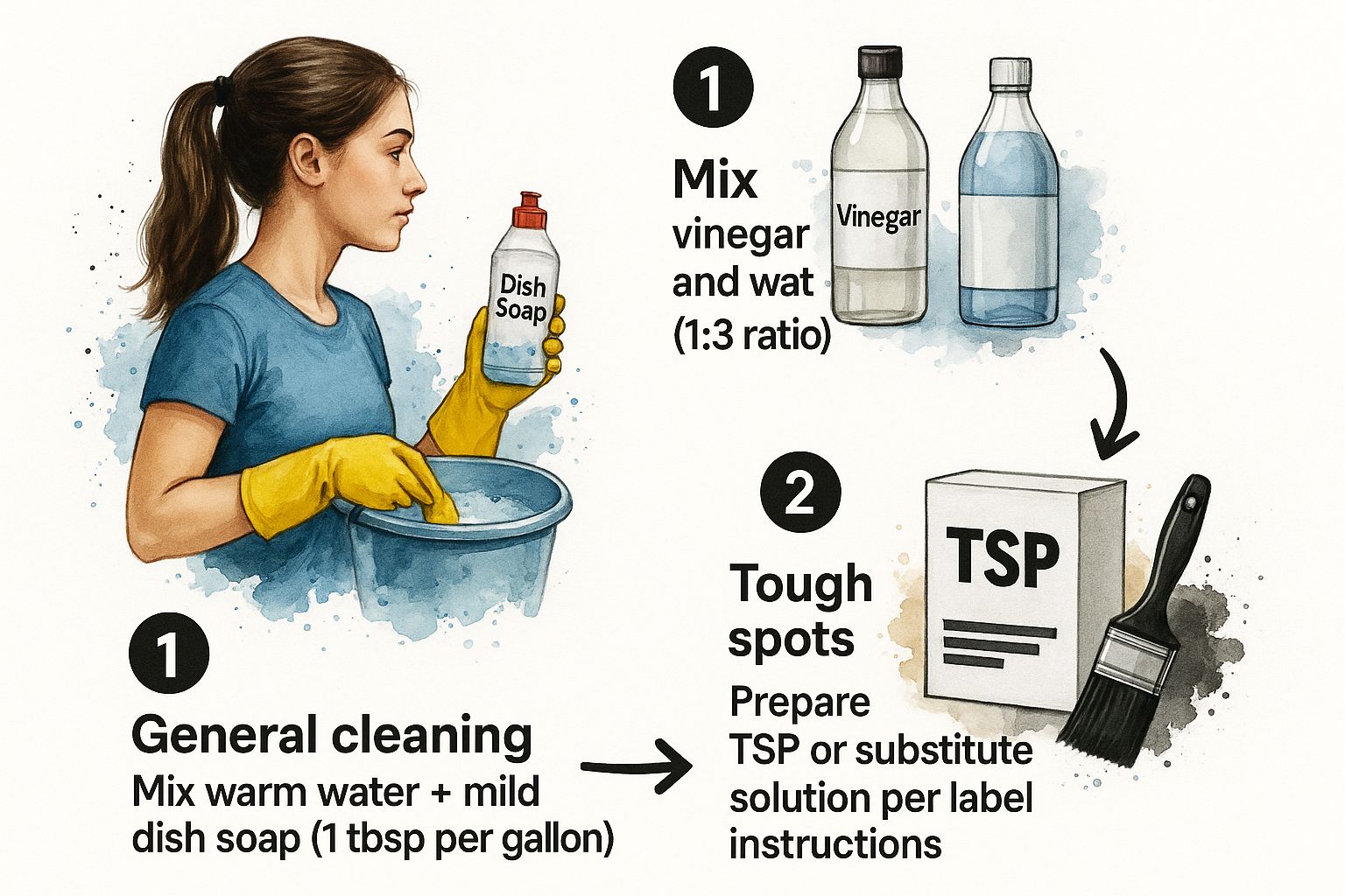 Infographic showing a three-step process for choosing a wall cleaning solution, from mild soap to vinegar to TSP for heavy grease.