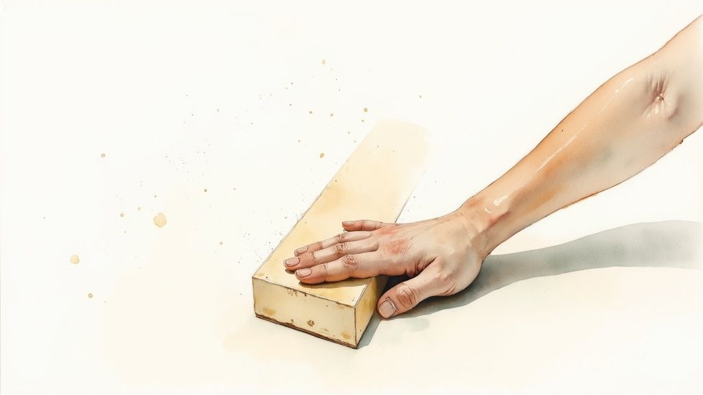 A close-up of a hand sanding a patched area on a drywall wall to make it smooth.