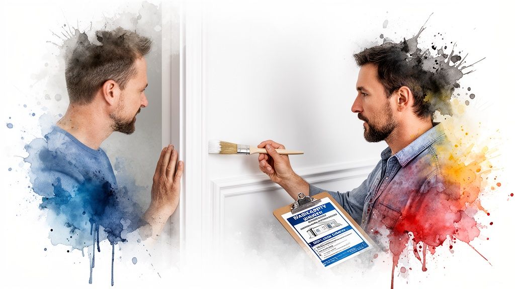 Two men with watercolor effects: one inspects a wall, the other paints and holds a warranty document.