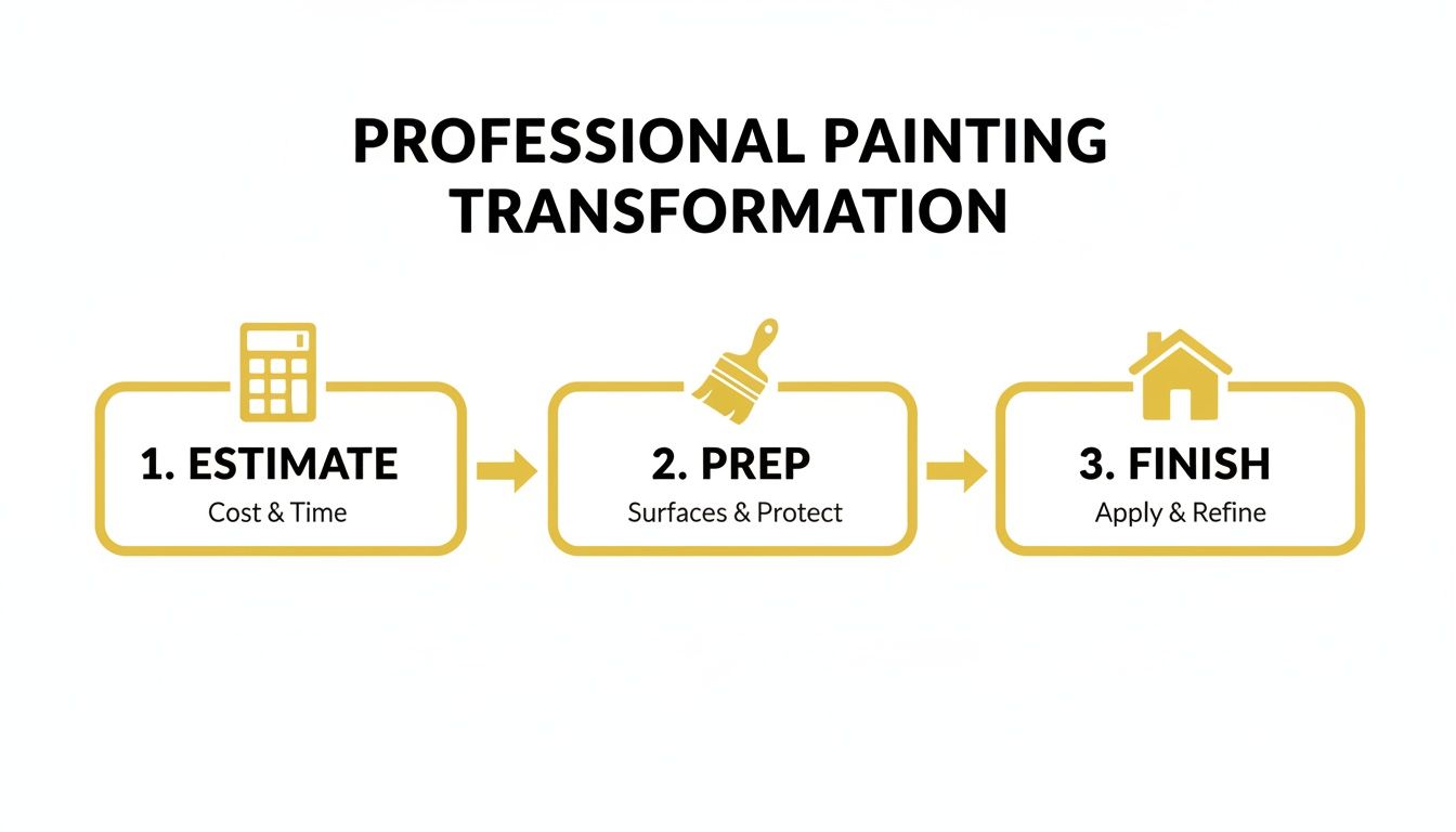 A professional painting transformation process illustrating three key steps: estimate, prep, and finish with icons.