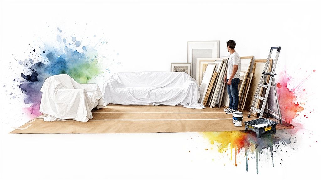A man stands in a room ready for painting, with covered furniture, framed art, and watercolor splashes. Soca Services preparing a room for painting.