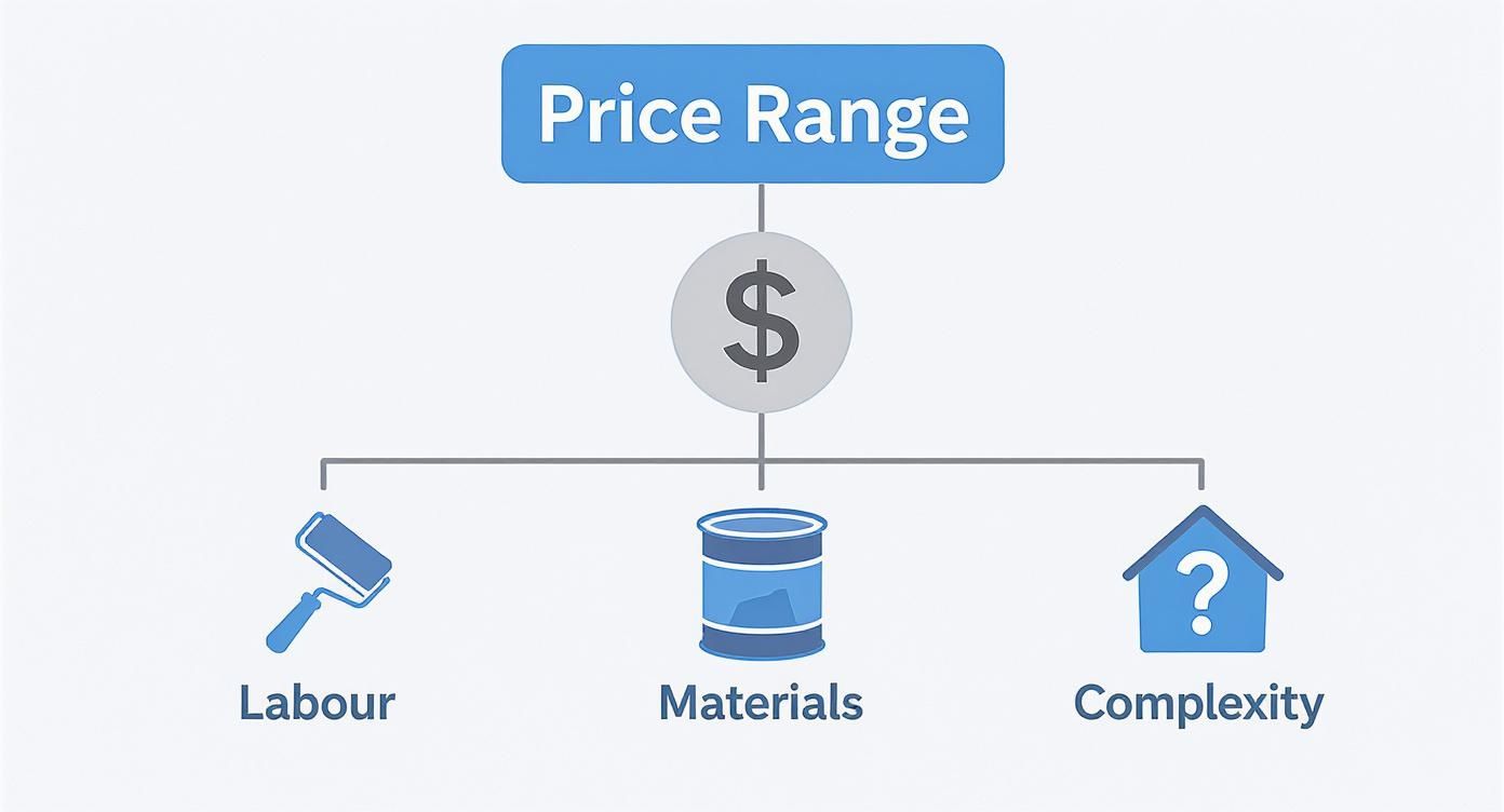 Infographic showing factors influencing a price range: labour, materials, and complexity, linked to a dollar sign.