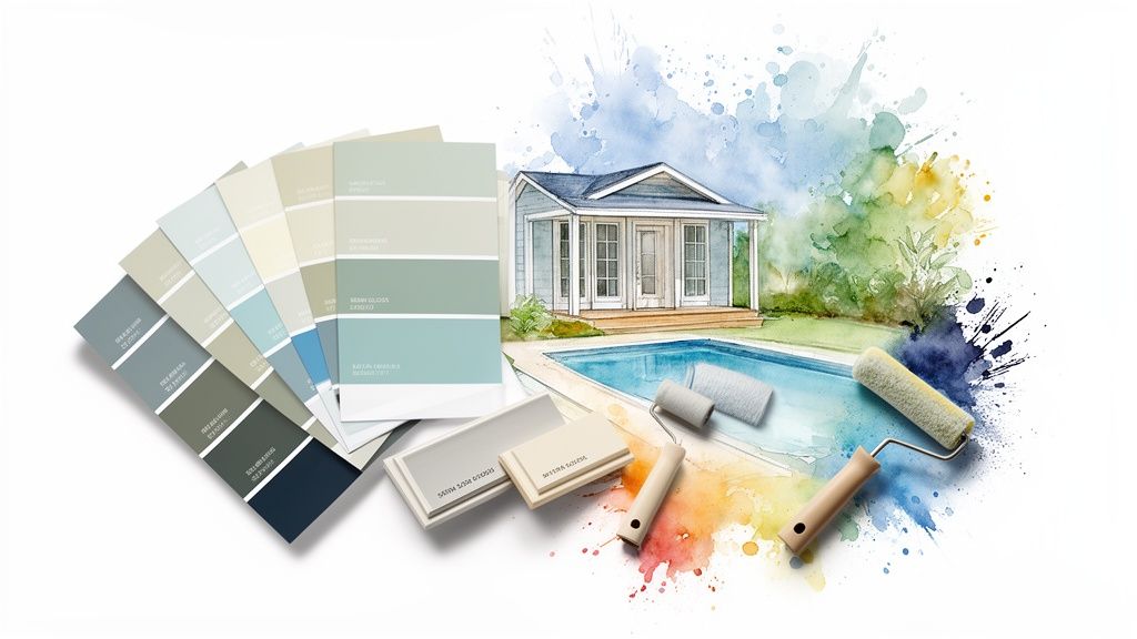 Paint color swatches, a watercolor pool house with a pool, and paint rollers, symbolizing home painting and design provided by Soca Services.