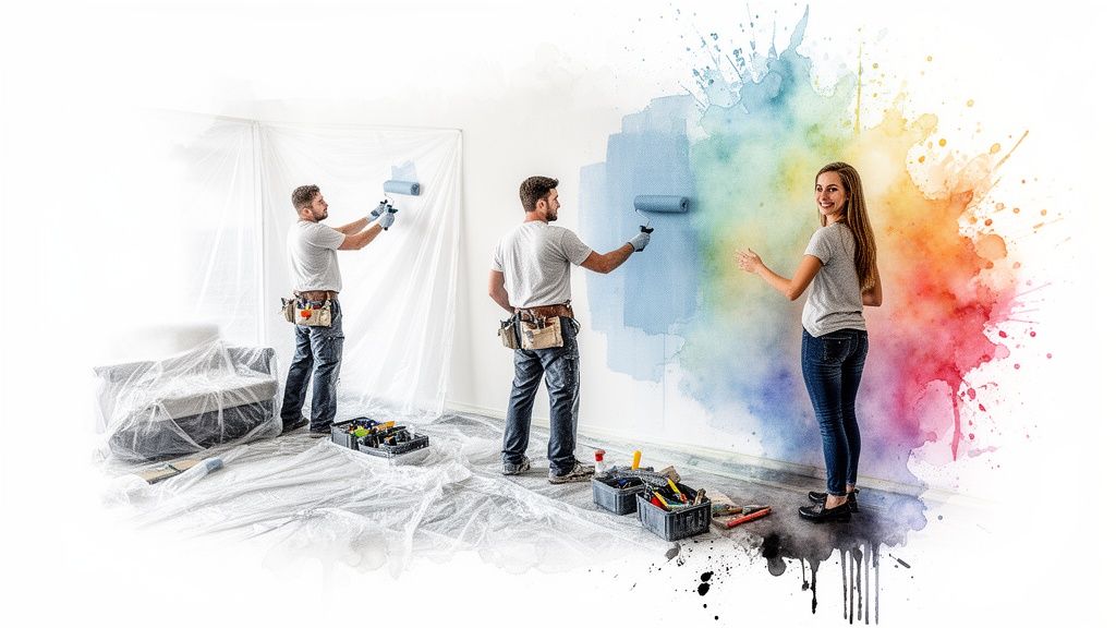Professional painters transform a room with blue paint. Soca Services offers professional interior painting.