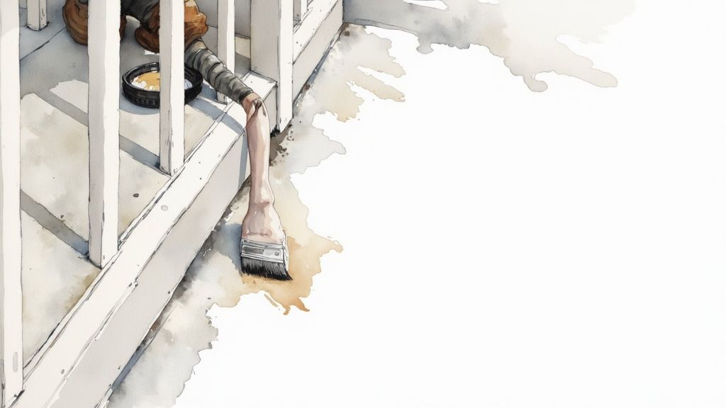 A watercolor illustration of a painter from Soca Services holding a paintbrush, painting a white wooden railing, with paint splatters.