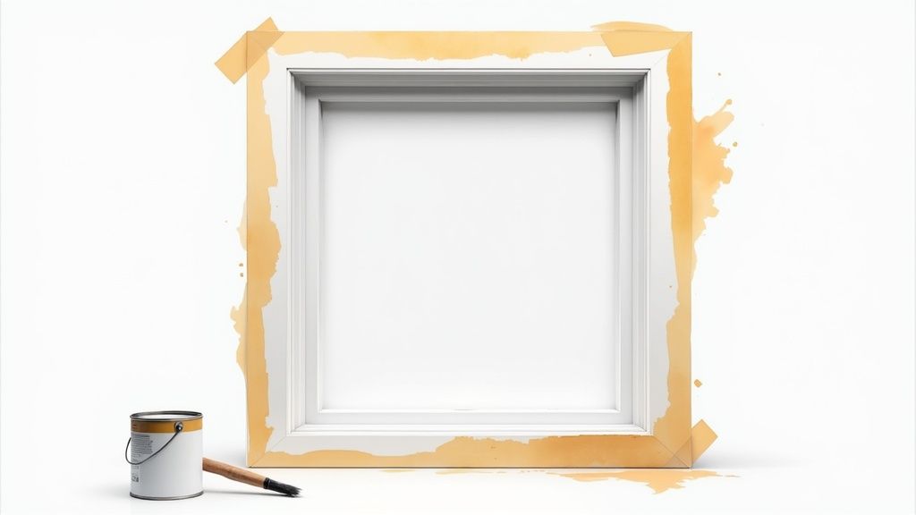 White painted canvas frame with paint can and brush on white background