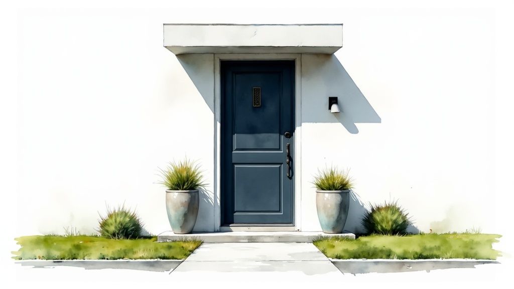 A well-staged home exterior with a clean walkway, manicured lawn, and an inviting front porch.