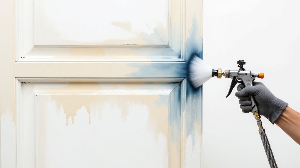 Gloved hand uses a unique rotating brush spray gun to paint a white kitchen cabinet blue.