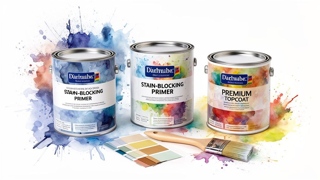 Soca Services display of paint cans, a paint brush, and color swatches for a professional painting project.