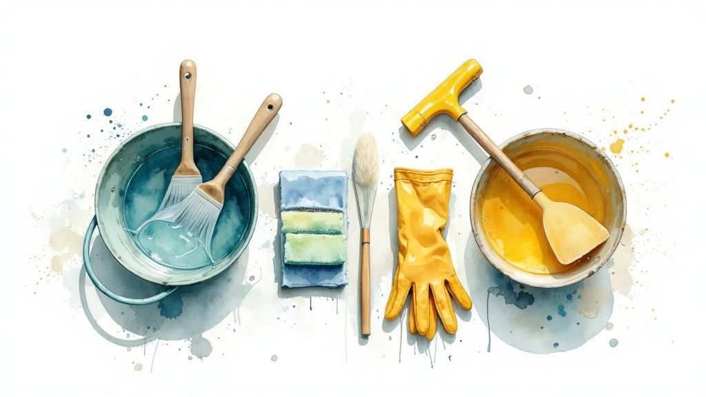 A collection of painting and cleaning supplies, including sponges, cloths, and buckets, laid out neatly.
