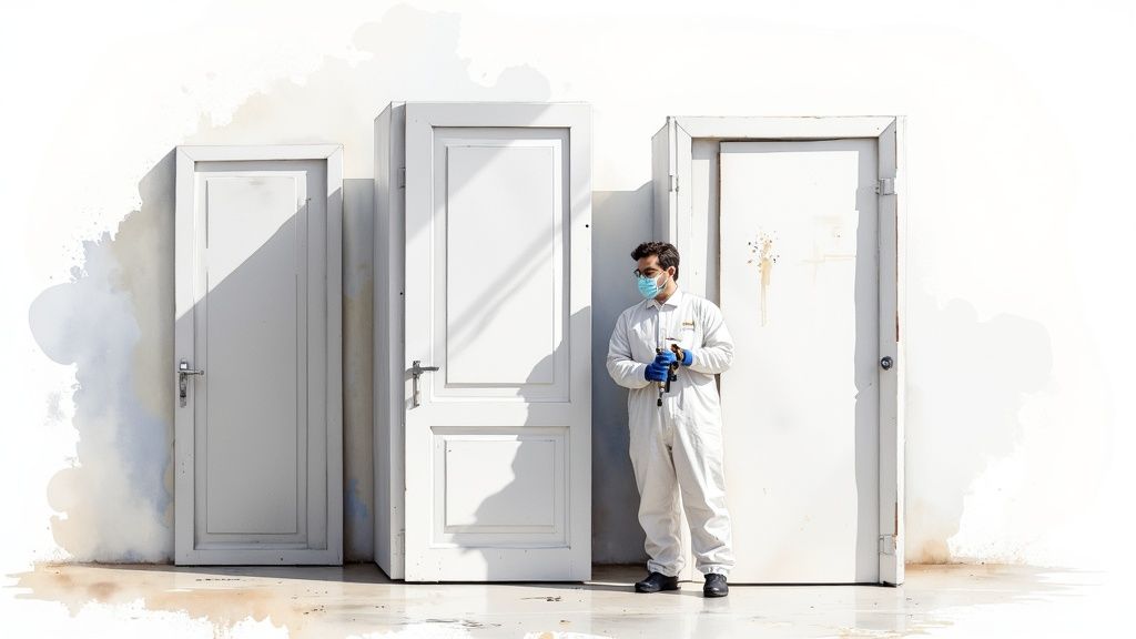 Soca Services professional painter in protective suit, mask, and gloves standing between cabinet doors.