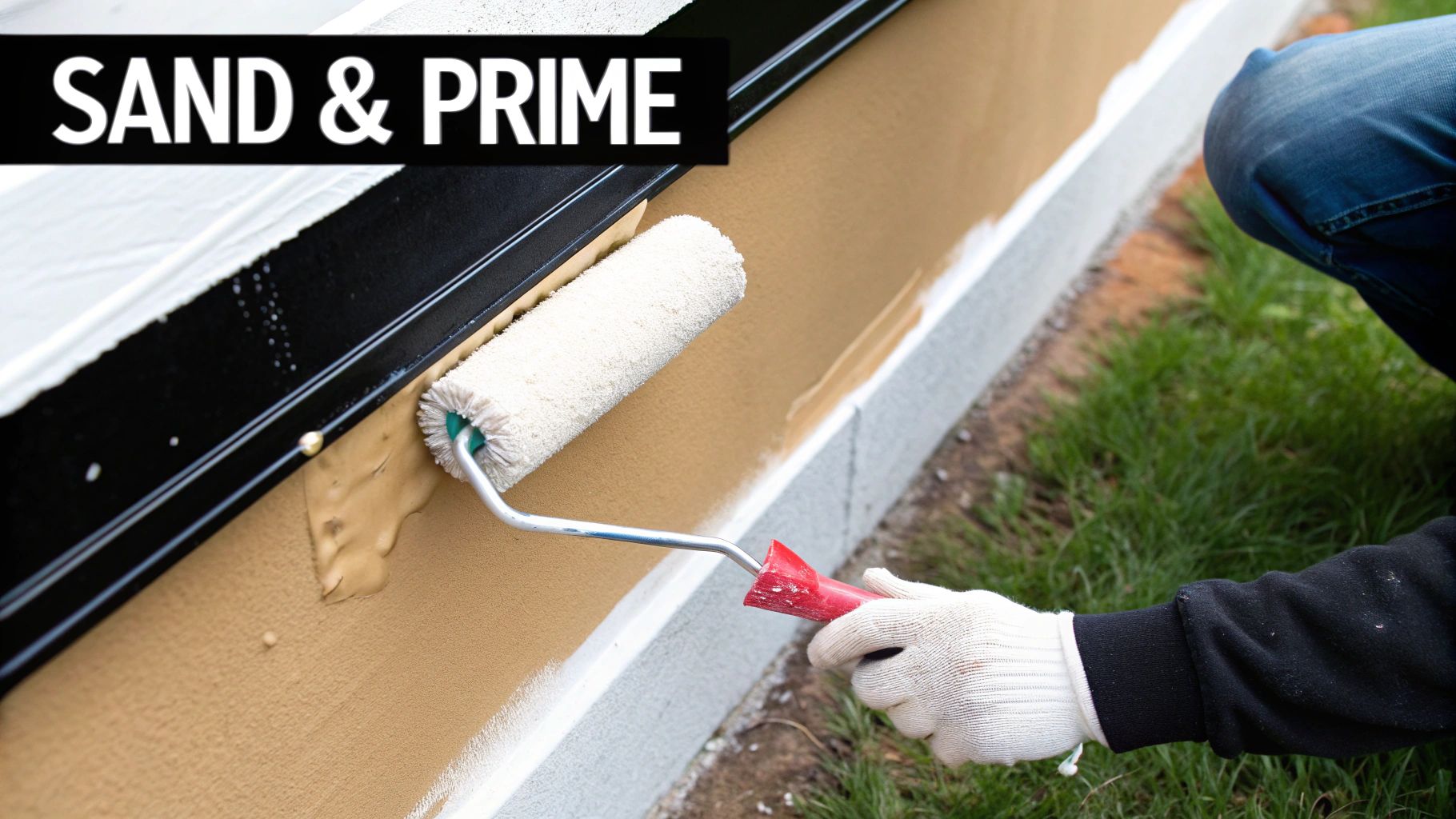 A person priming a wall with a roller, creating a white base coat before painting.