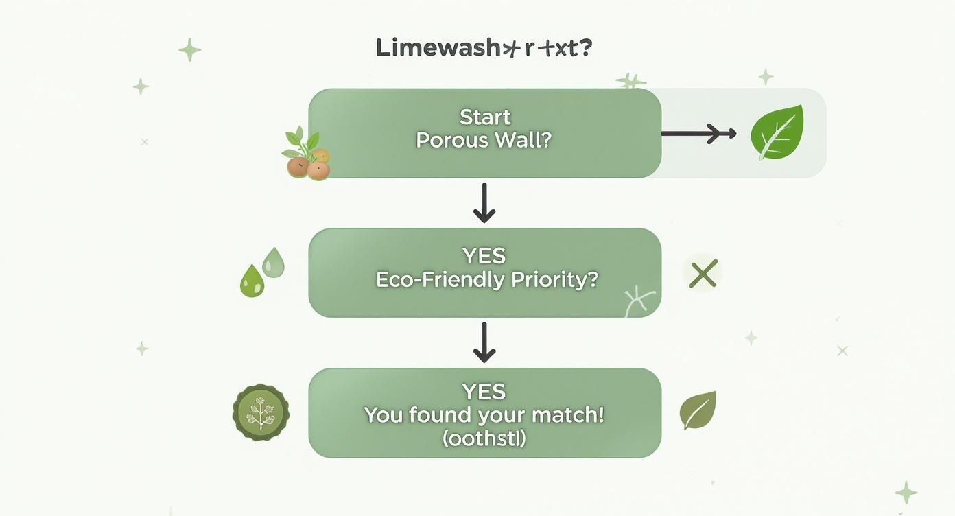 Flowchart showing decision tree for choosing limewash paint with eco-friendly and porous wall criteria