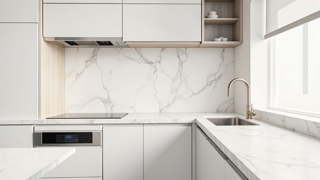 Modern white kitchen with marble backsplash, stainless steel appliances, and smooth cabinet finishes