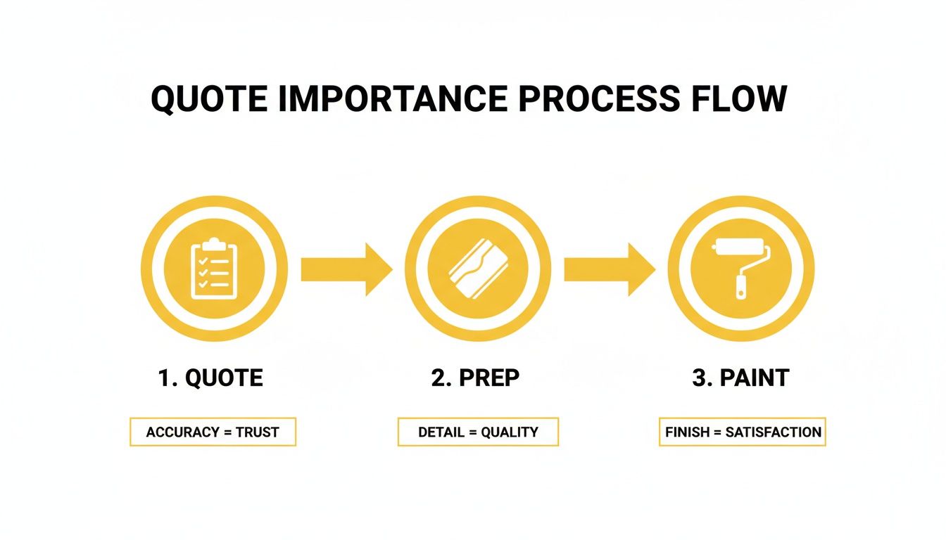 A flowchart showing the importance of a painting project process: Quote, Prep, and Paint.