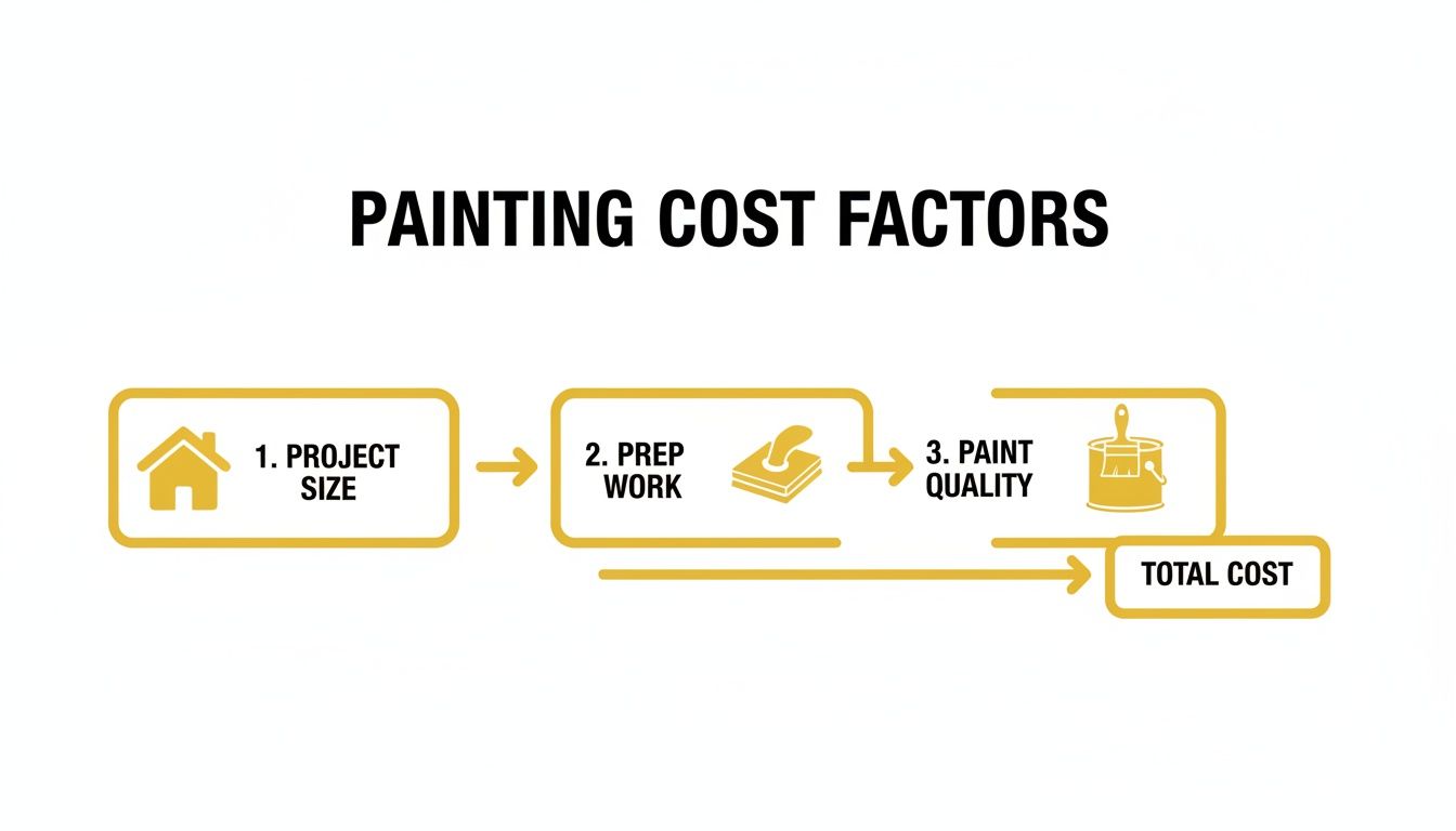 A flowchart detailing the factors influencing painting costs: project size, prep work, and paint quality.