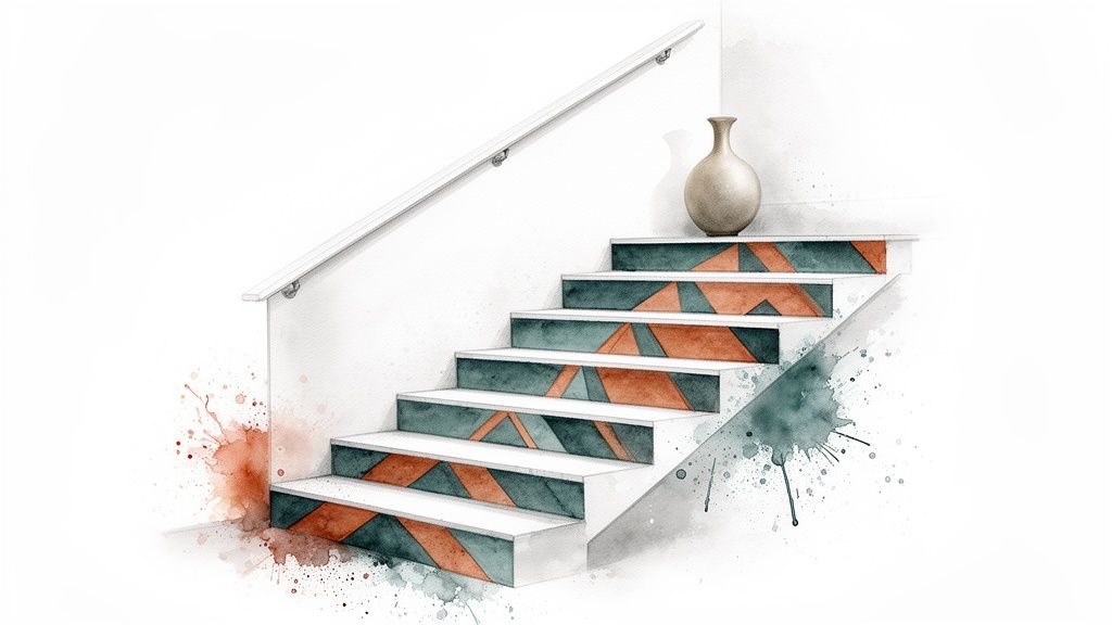 A modern staircase featuring a bold geometric pattern in teal, orange, and white on the risers, with a sleek white handrail. Soca Services painting stairs ideas.