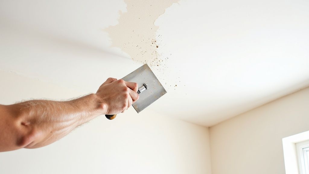 Hand holding a trowel scraping popcorn texture off a white ceiling.