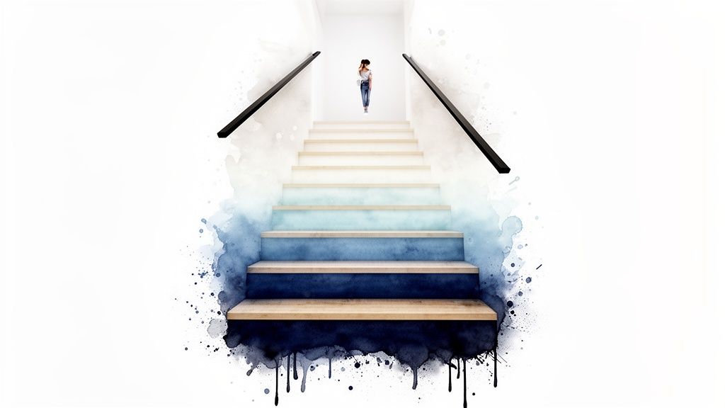 Artistic watercolor illustration of a staircase with a small person at the top, painted in an ombre gradient from dark to light blue. Soca Services painting stairs ideas.
