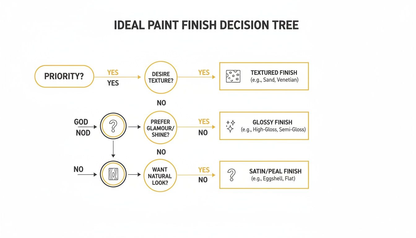 Soca Services decision tree flowchart for selecting ideal paint finishes, considering texture, glamour, and natural look.