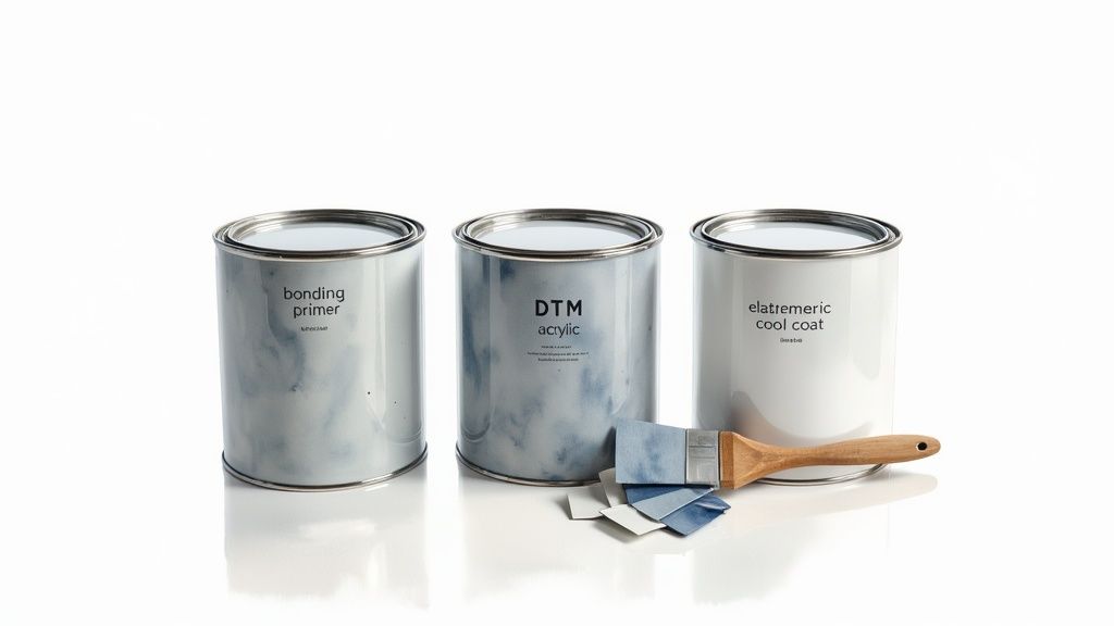 Soca Services image of paint supplies: primer, acrylic, cool coat cans, a paintbrush, and blue paint swatches.