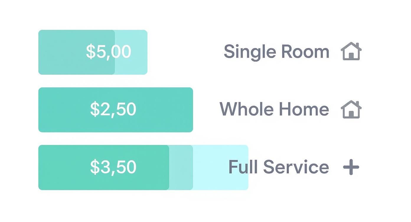 Three service options with prices: Single Room $5.00, Whole Home $2.50, Full Service $3.50.
