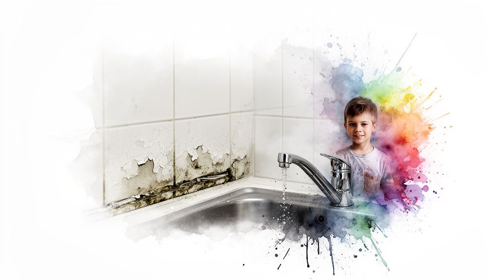 A split image showing moldy, peeling paint near a sink and a happy child, highlighting the importance of a healthy home environment.
