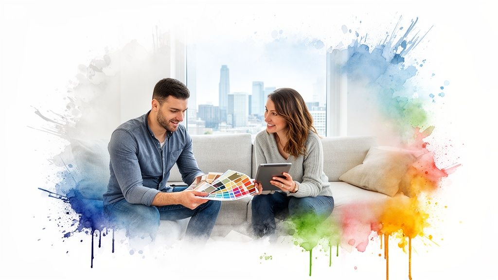 A happy couple on a sofa, choosing paint colors for their home interior design using swatches and a tablet. Soca Services helps with color selection.