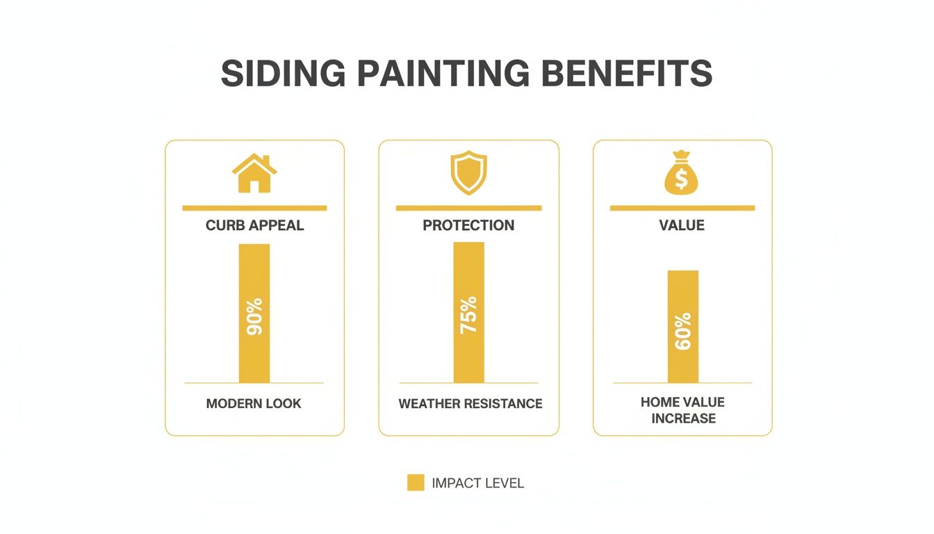 Infographic showing siding painting benefits: curb appeal (90%), protection (75%), and home value increase (60%). Soca Services.