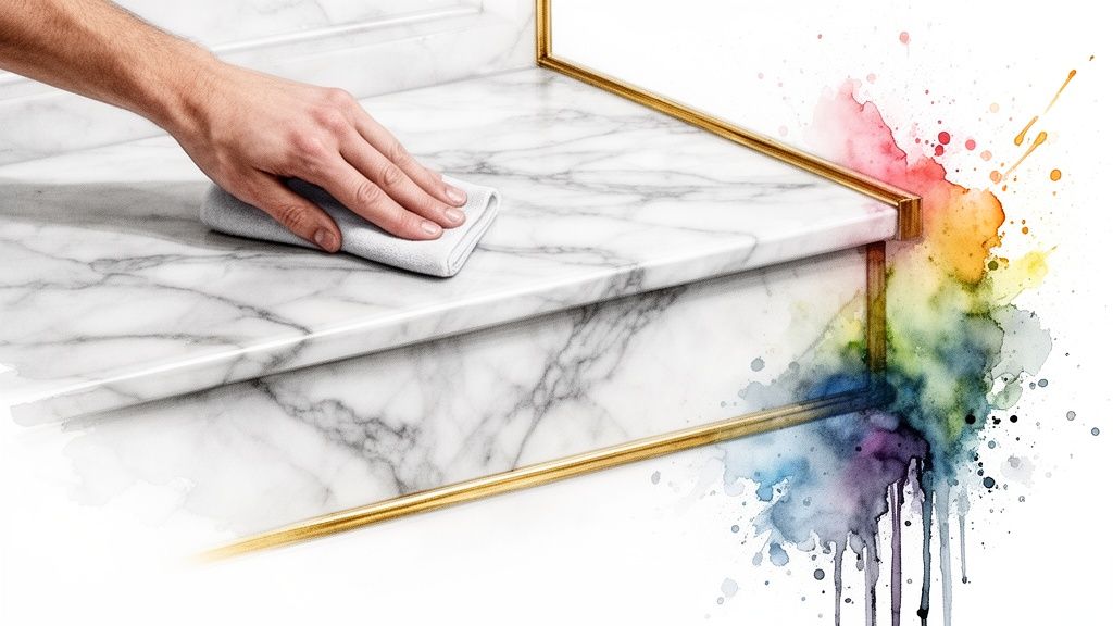 A hand polishes a white marble surface with gold trim, contrasted by a dynamic watercolor art splash. Soca Services painting stairs ideas.