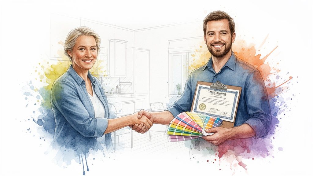 Watercolor illustration of a professional painter shaking hands with a happy client, showing expertise.